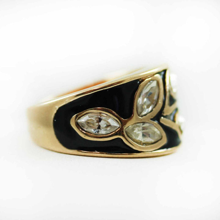 Vintage 1980's Black Enamel Ring with Clear Austrian Crystals Leaf Motif 18k Gold Plated by PVD Vintage Jewelry