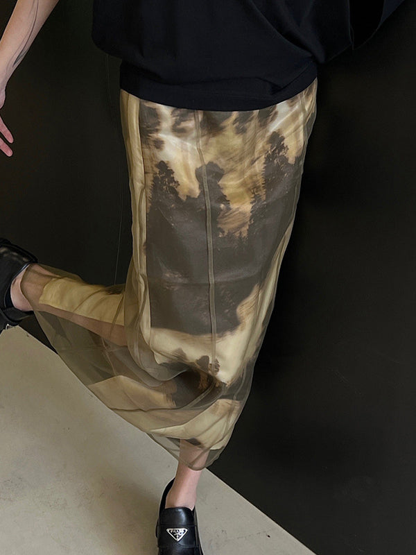 A-Line Gauze Printed Split-Joint Split-Side Skirts Bottoms by migunica