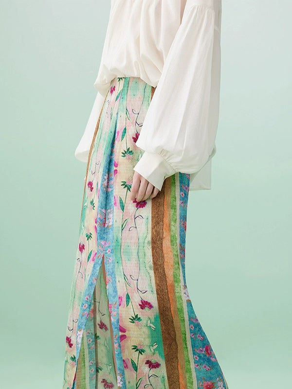 Wrap Contrast Color Flower Print Split-Front Skirts Bottoms by migunica