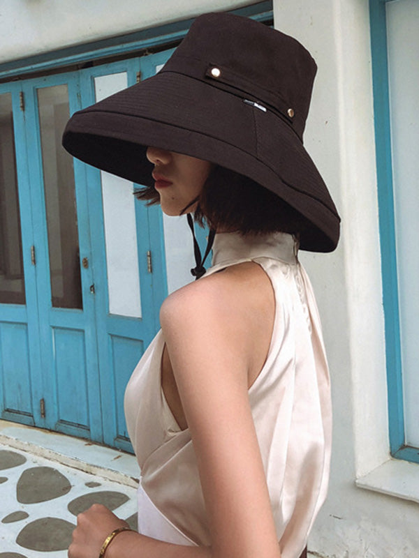 Casual Solid Sun-Protection Large Wide Brim Bucket Hat by migunica