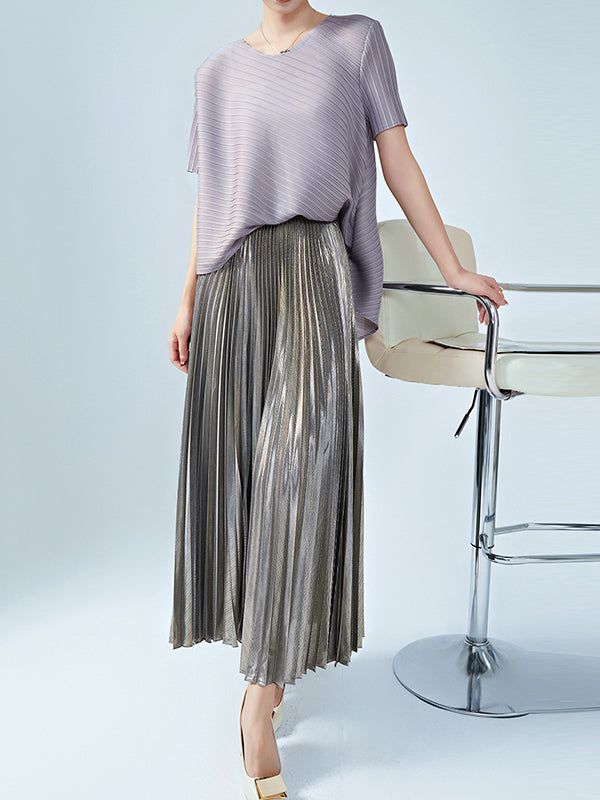 Loose Metallic Pleated Skirts Bottoms by migunica