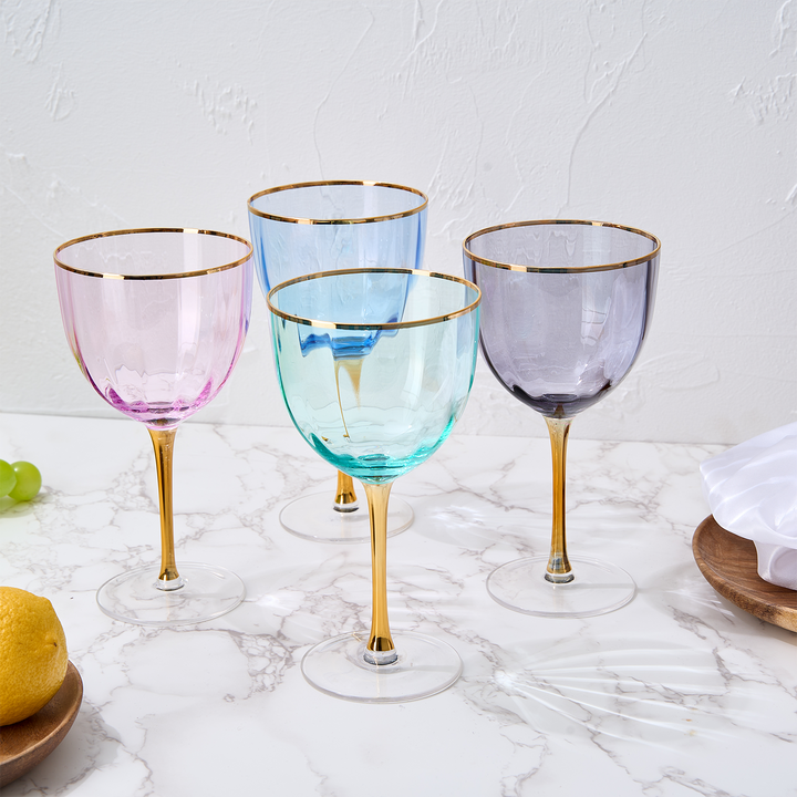 Art Deco Colored Crystal Wine Glass Set of 4, Large 18oz Stemmed Glasses Vibrant Vintage Glasses for White & Red, Water, Margarita Glasses, Gift Idea, Color Glassware - Gilded Rim and Gold Stem by The Wine Savant