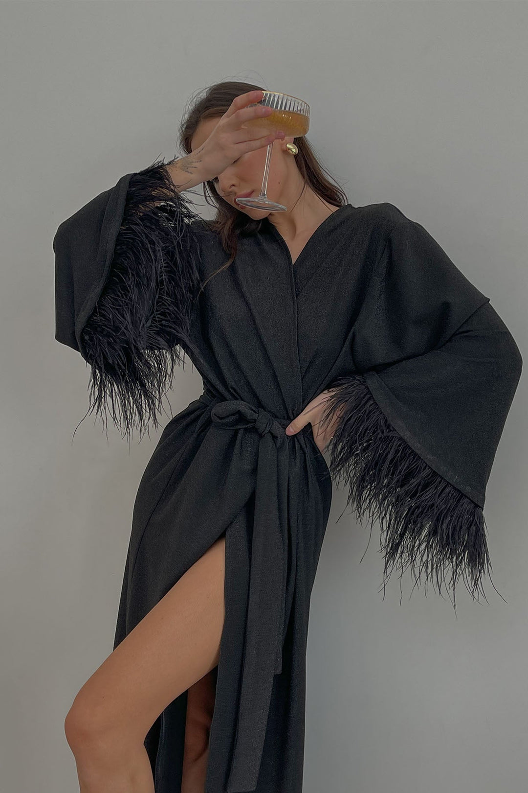 Aster black shiny kimono robe with feathers by Angie's Showroom – Pomp ...