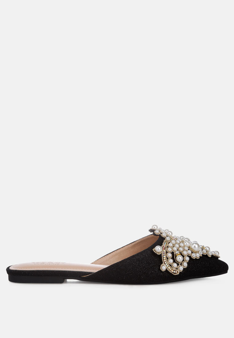 astre pearl embellished shimmer mules by London Rag