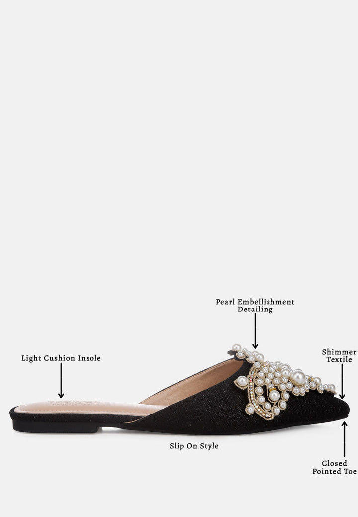 astre pearl embellished shimmer mules by London Rag