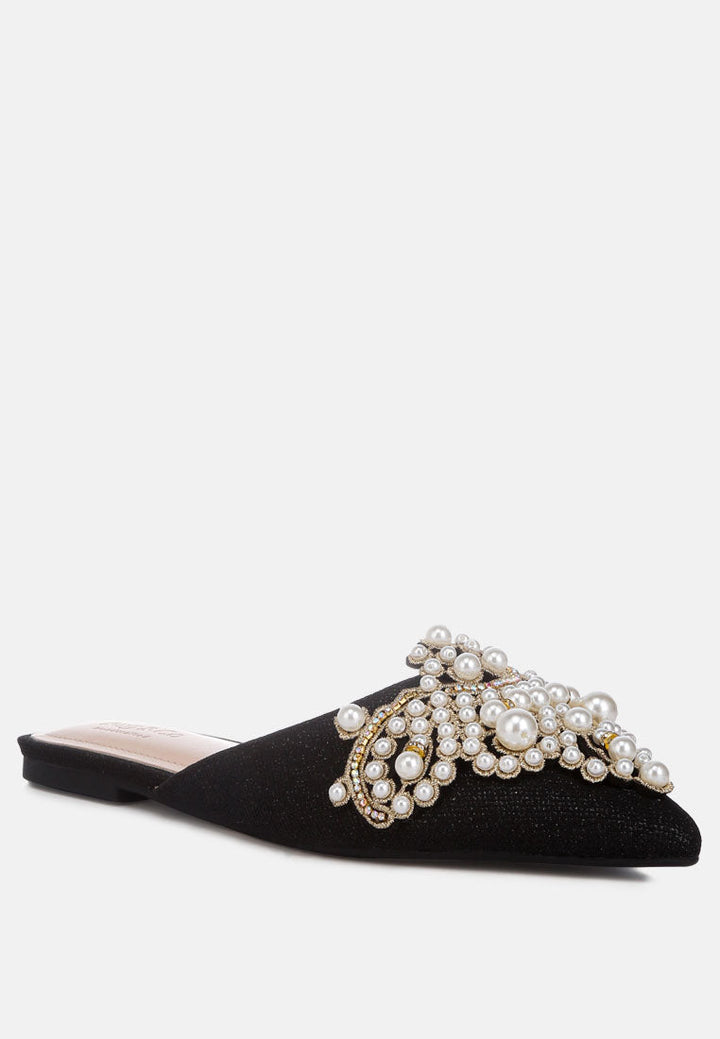 astre pearl embellished shimmer mules by London Rag