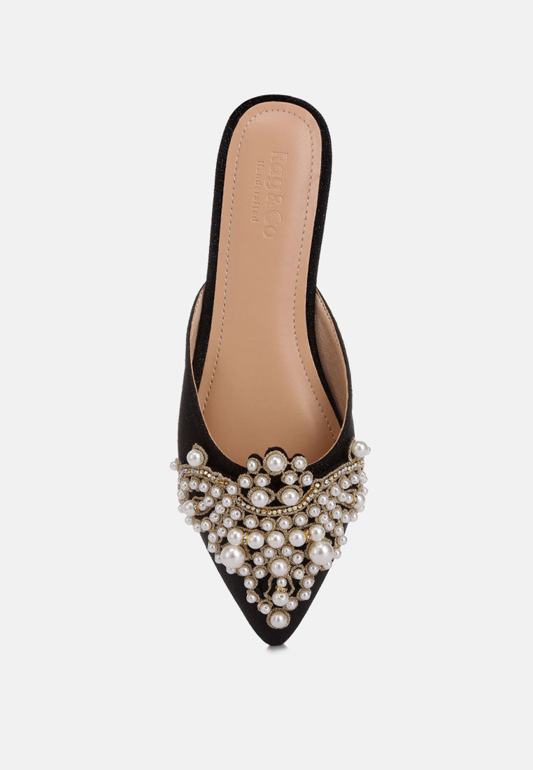 astre pearl embellished shimmer mules by London Rag
