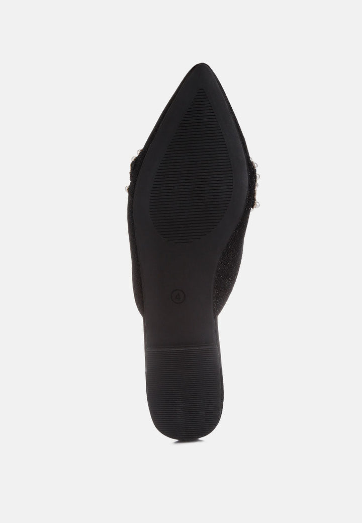 astre pearl embellished shimmer mules by London Rag