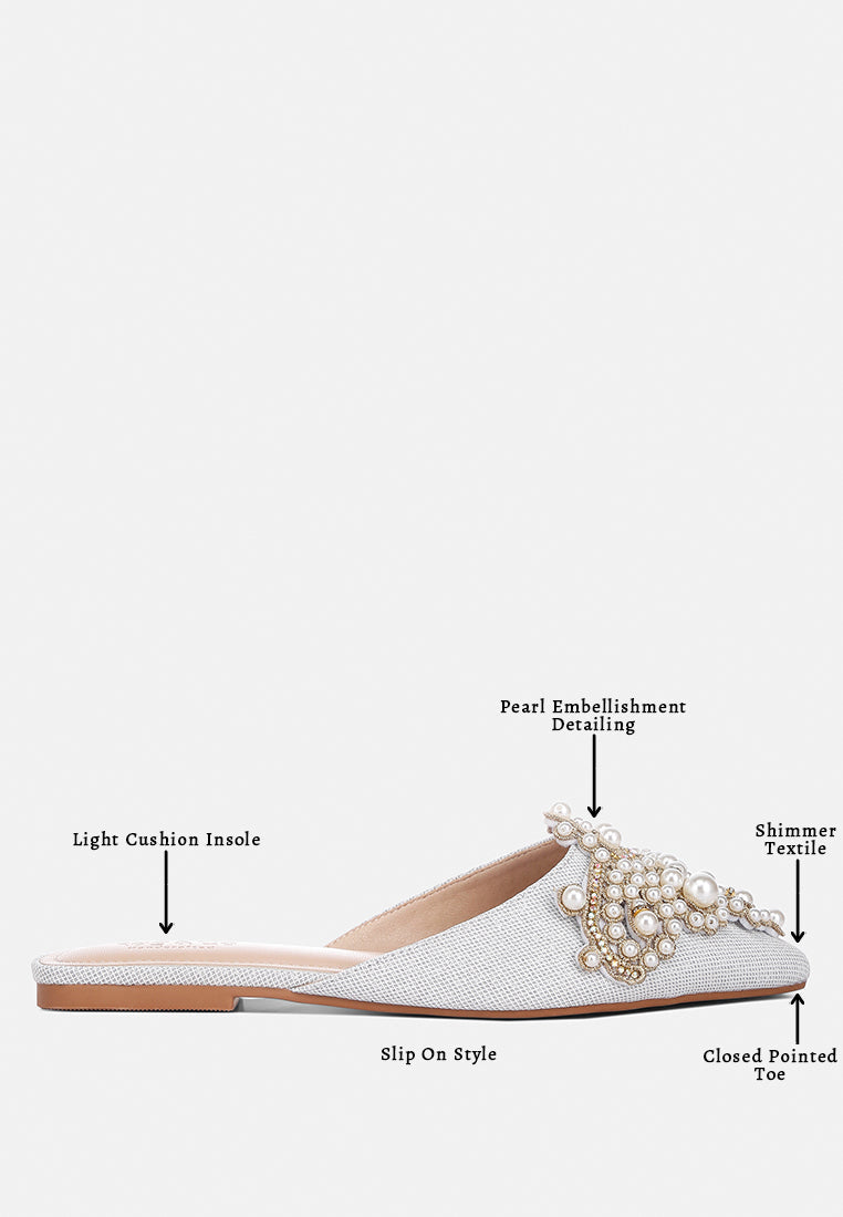 astre pearl embellished shimmer mules by London Rag