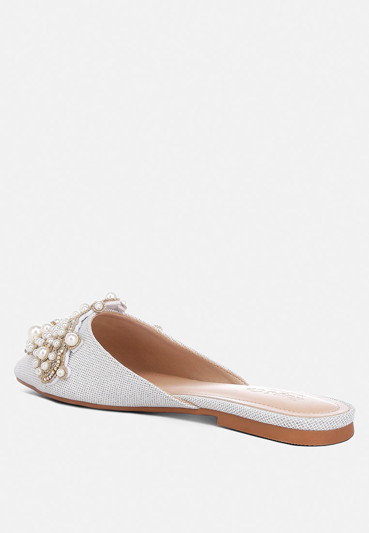 astre pearl embellished shimmer mules by London Rag