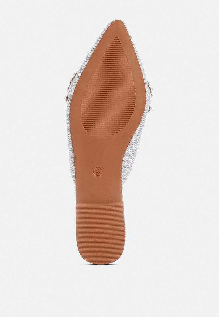 astre pearl embellished shimmer mules by London Rag