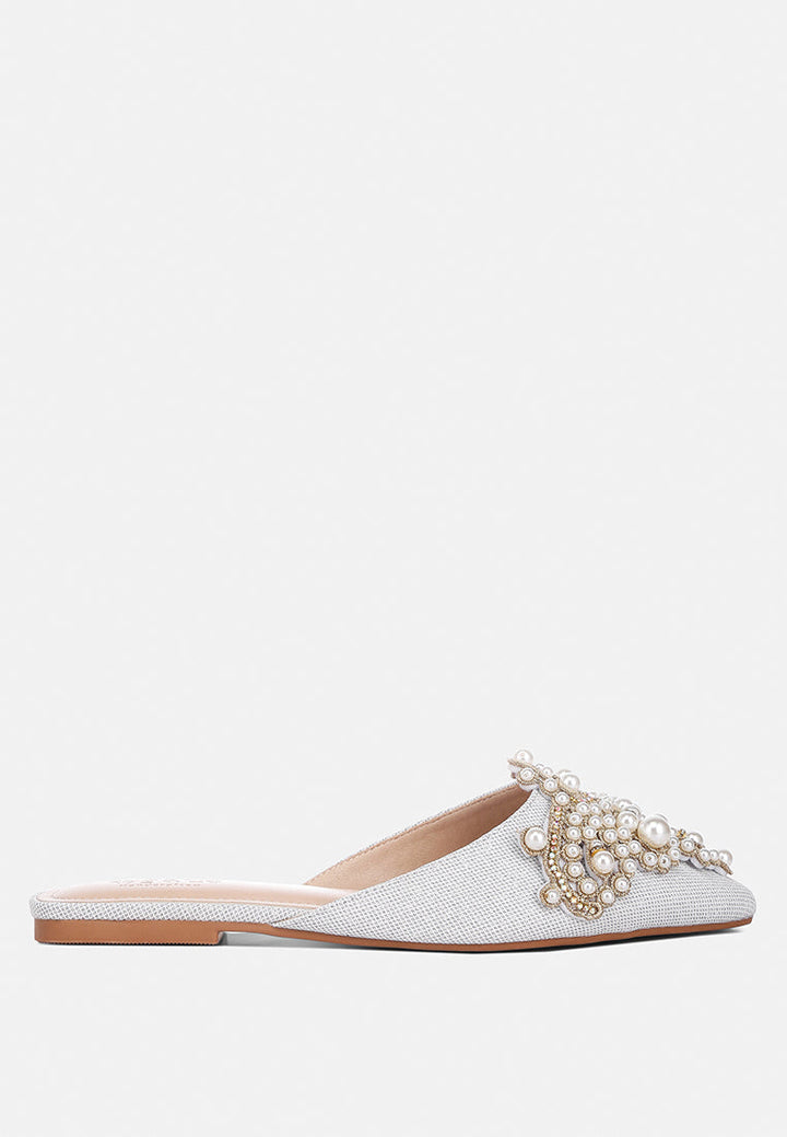 astre pearl embellished shimmer mules by London Rag