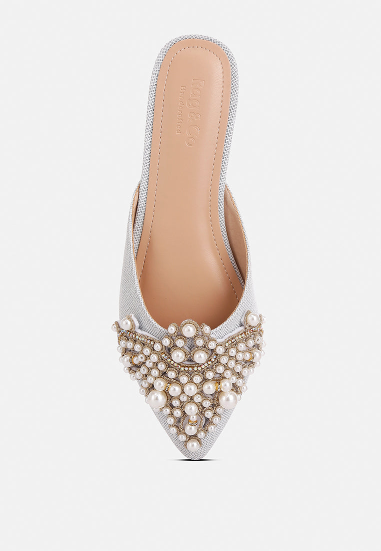 astre pearl embellished shimmer mules by London Rag