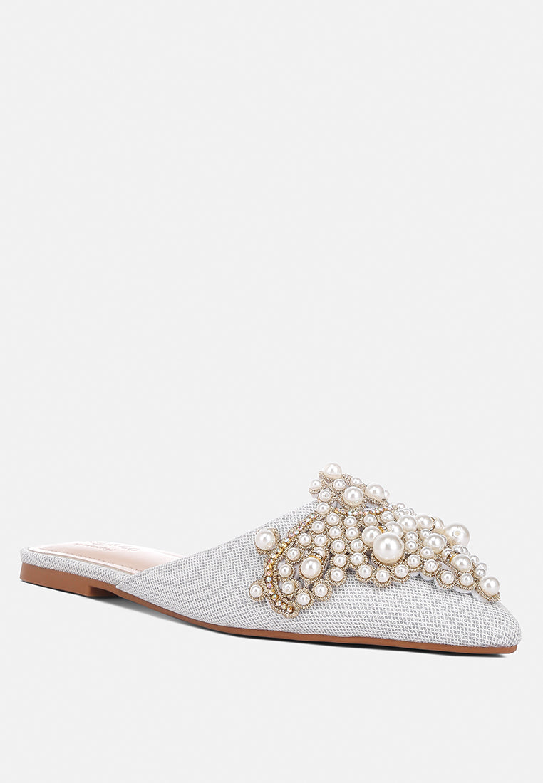 astre pearl embellished shimmer mules by London Rag