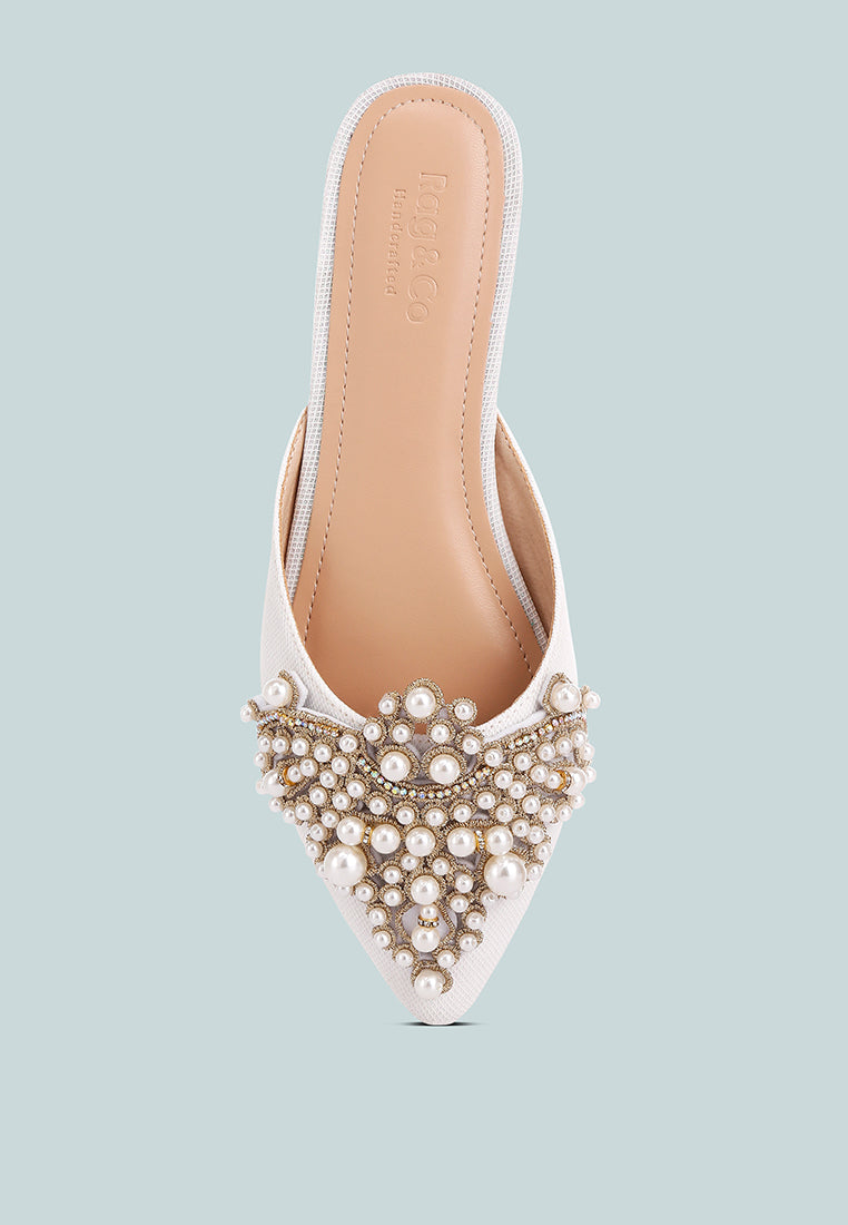 astre pearl embellished shimmer mules by London Rag