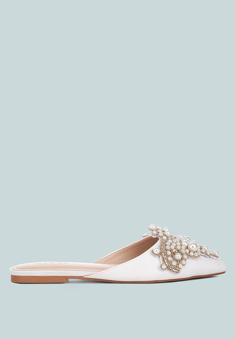 astre pearl embellished shimmer mules by London Rag