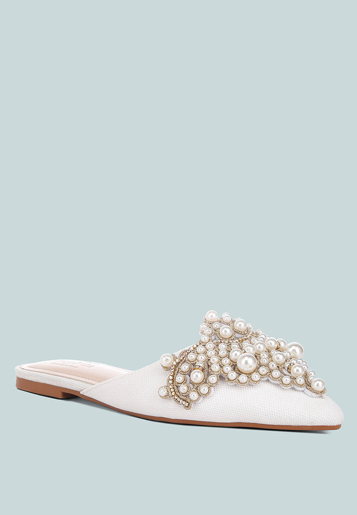 astre pearl embellished shimmer mules by London Rag