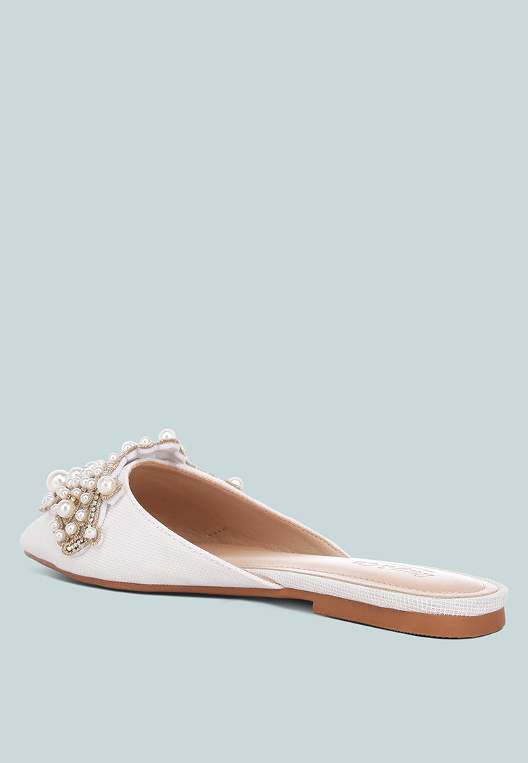 astre pearl embellished shimmer mules by London Rag