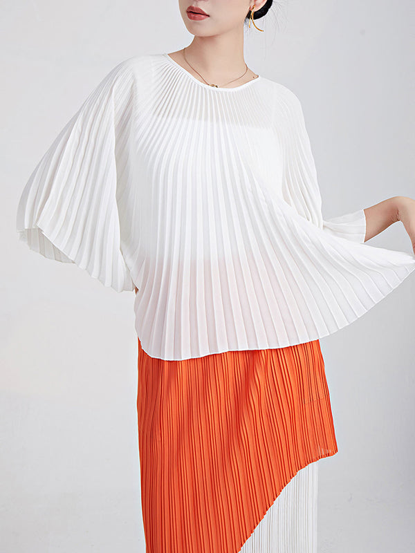 Batwing Sleeves Loose Pleated Solid Color Round-Neck T-Shirts Tops by migunica