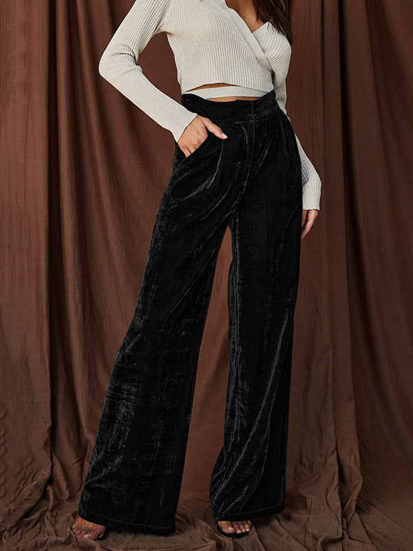 High Waisted Loose Elasticity Solid Color Pants Trousers by migunica