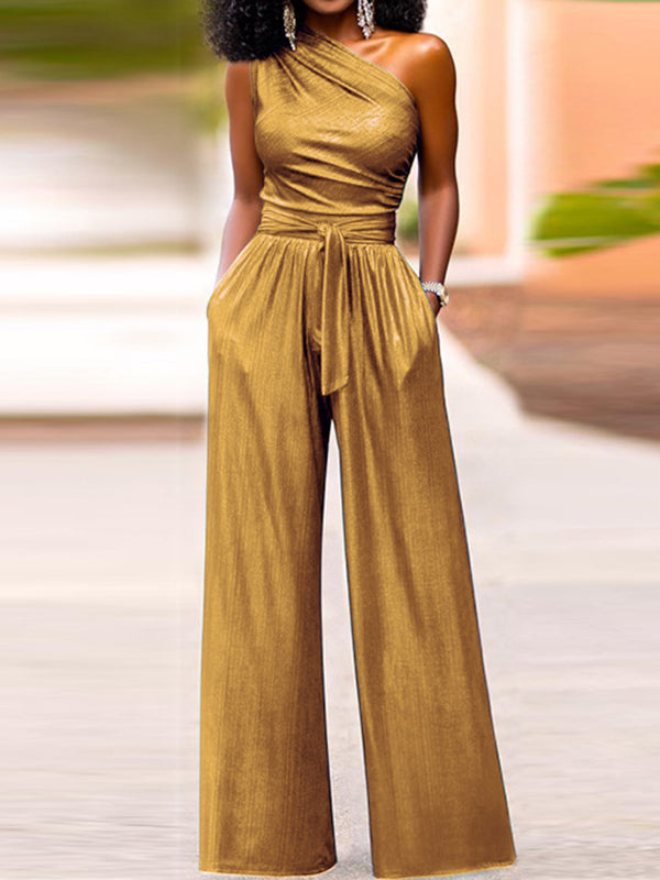 High Waisted Wide Leg Solid Color One-Shoulder Jumpsuits by migunica