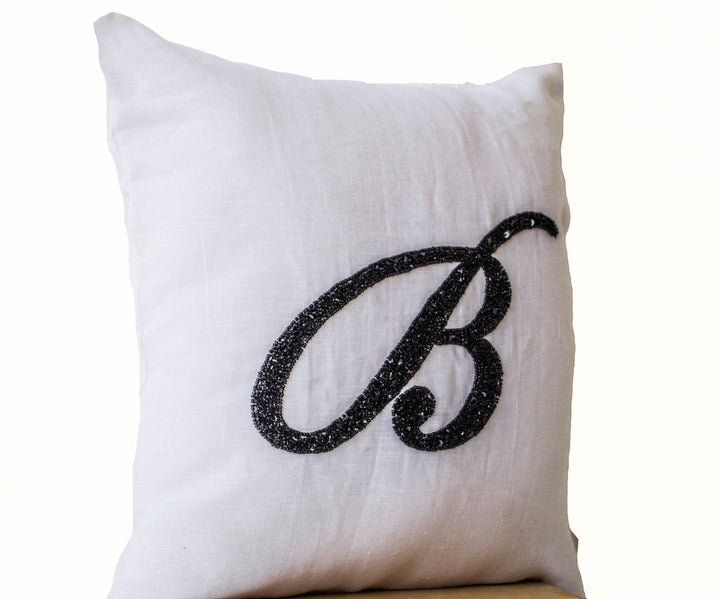 Handmade Sequin Monogram Pillow in White by Amore Beauté