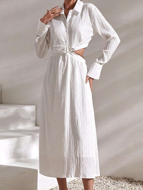 High Waisted Long Sleeves Asymmetric Buttoned Hollow Solid Color Lapel Midi Dresses Shirt Dress by migunica