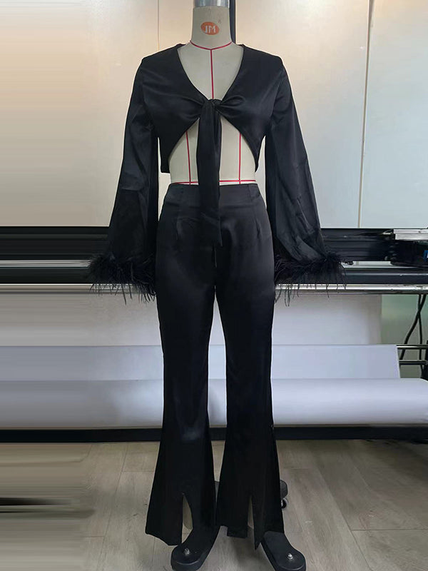Long Sleeves Fringed Knot Solid Color Deep V-Neck Shirts Top + High Waisted Split-Front Pants Bottom Two Pieces Set by migunica