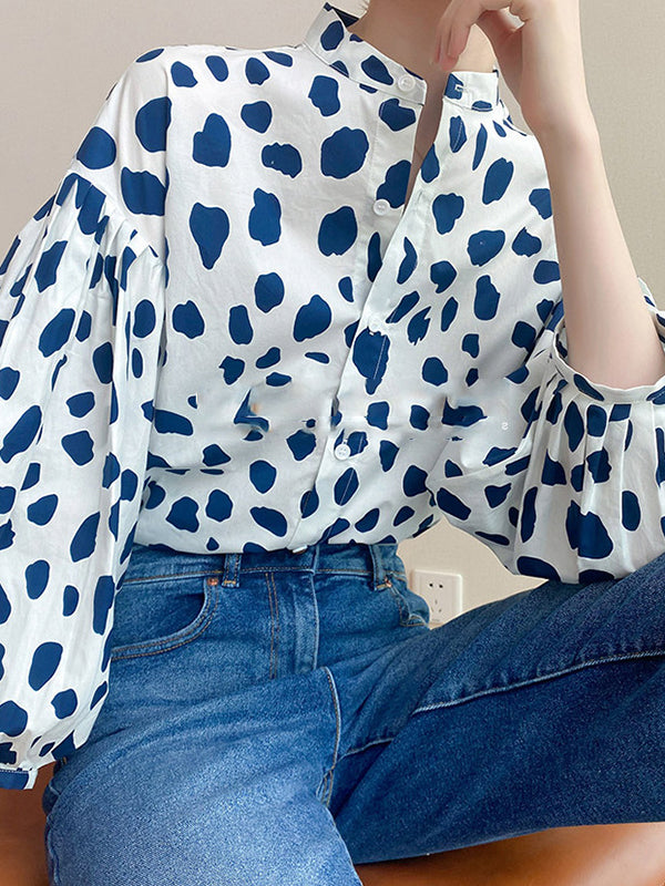 Loose Puff Sleeves Pleated Polka-Dot Split-Joint Stand Collar Blouses by migunica