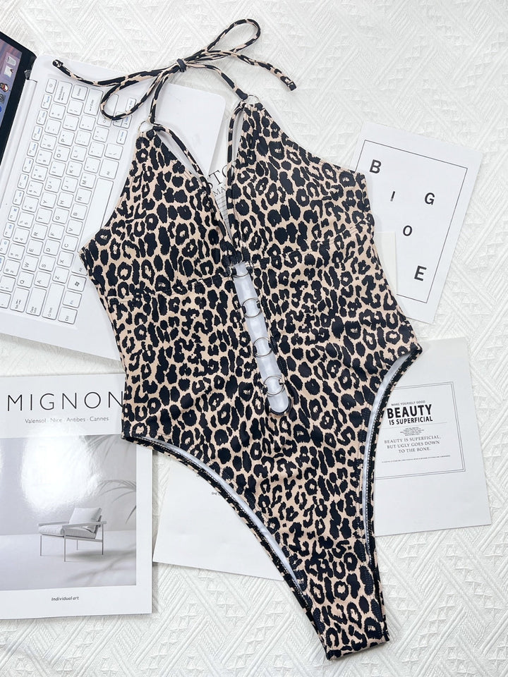 Leopard Cutout Halter Neck One-Piece Swimwear by Coco Charli