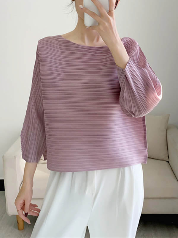 Casual Loose Three-Quarter Sleeves Pleated Solid Color Round-Neck T-Shirts Tops by migunica