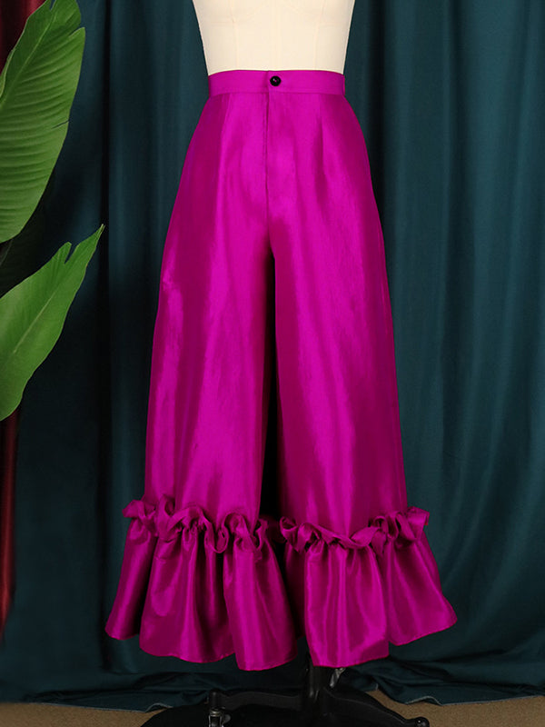 Loose Wide Leg Buttoned Falbala High-Waisted Solid Color Flared Trousers Pants by migunica