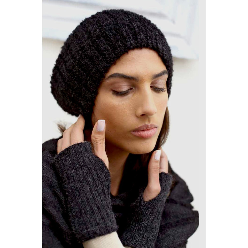 Plush Black Alpaca Beanie Hat