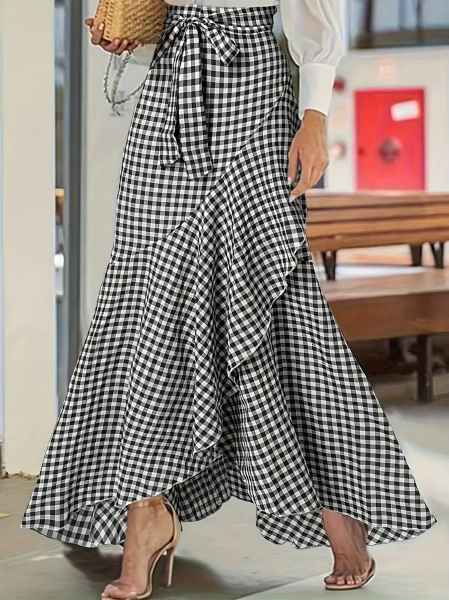Gingham Cotton Tiered Wrap Maxi Skirt by Coco Charli