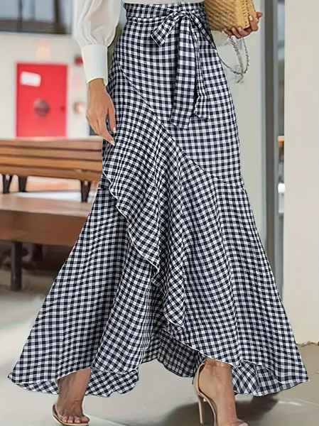 Gingham Cotton Tiered Wrap Maxi Skirt by Coco Charli