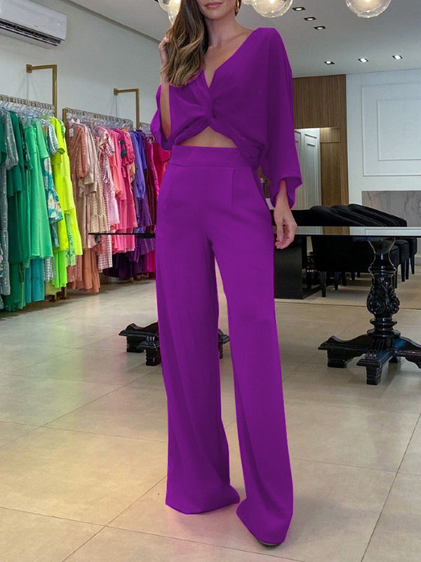 Solid Color Triangle Bras + Three-Quarter Sleeves Blouse + Pants Trousers Three Pieces Set by migunica