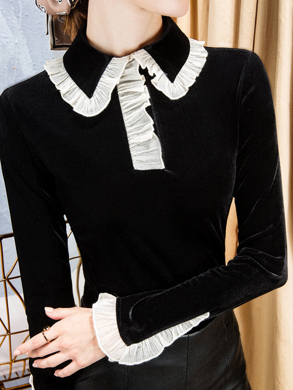 Long Sleeves Skinny Hollow Ruffled Peter Pan Collar T-Shirts Tops by migunica