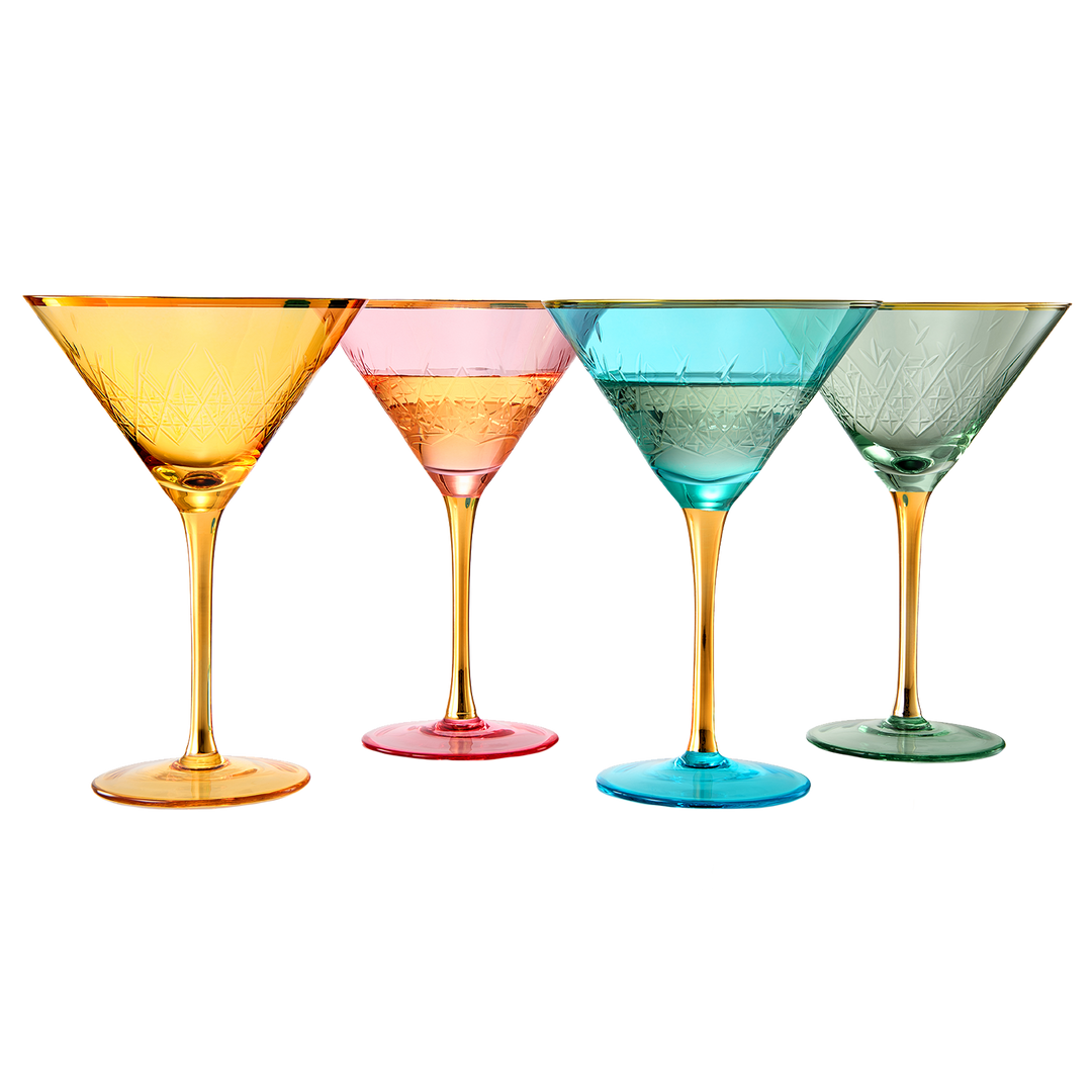Crystal Martini Glasses Colored - Set of 4 - Stemmed Multi-Color Glass, Great for all Drink Types and Occasions - Luxury, Durable, Hand-Blown Vintage Art Deco Coupe for Champagne, Martini, Cocktails by The Wine Savant