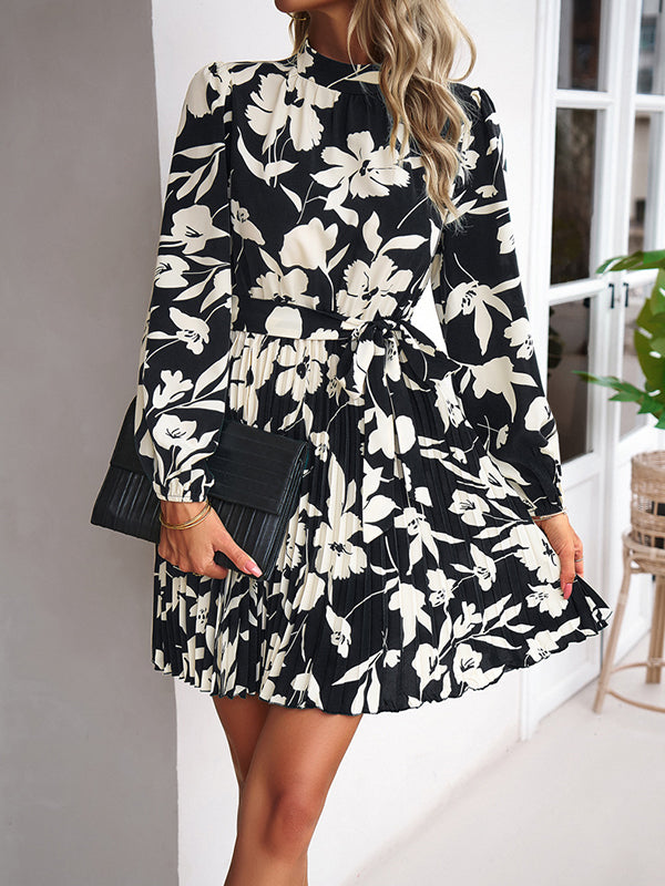 High Waisted Long Sleeves Flower Print Pleated Tied Waist Mock Neck Mini Dresses by migunica