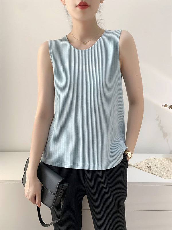 Casual Sleeveless Pleated Solid Color Round-Neck Vest Top by migunica