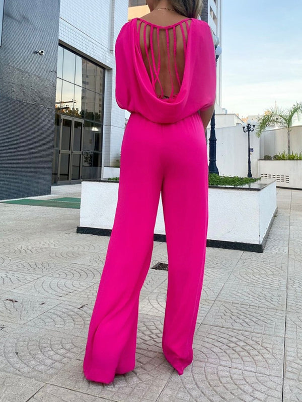 High Waisted Sleeveless Backless Elasticity Pleated Solid Color Split-Joint Jumpsuits by migunica