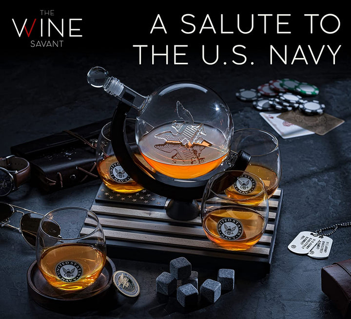 U.S. Navy Globe Whiskey Decanter Set with 4 Liquor Glasses