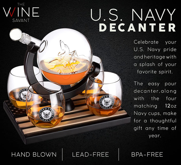U.S. Navy Globe Whiskey Decanter Set with 4 Liquor Glasses