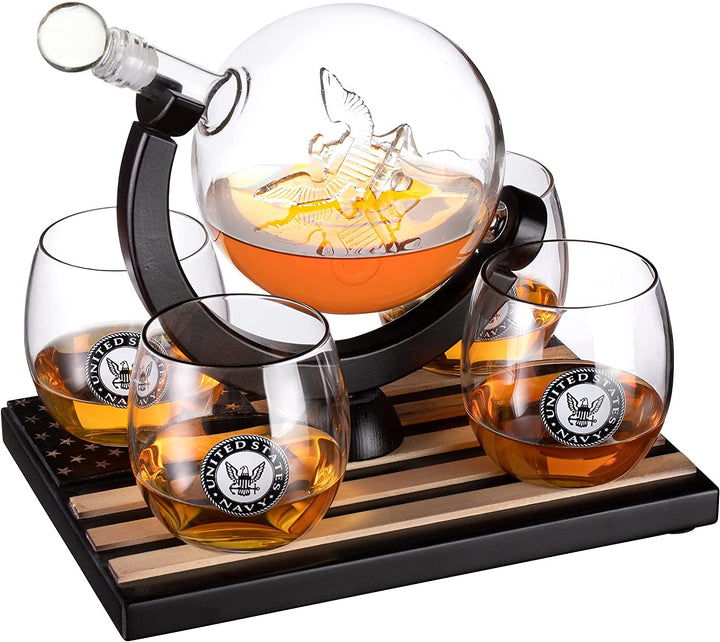 U.S. Navy Globe Whiskey Decanter Set with 4 Liquor Glasses