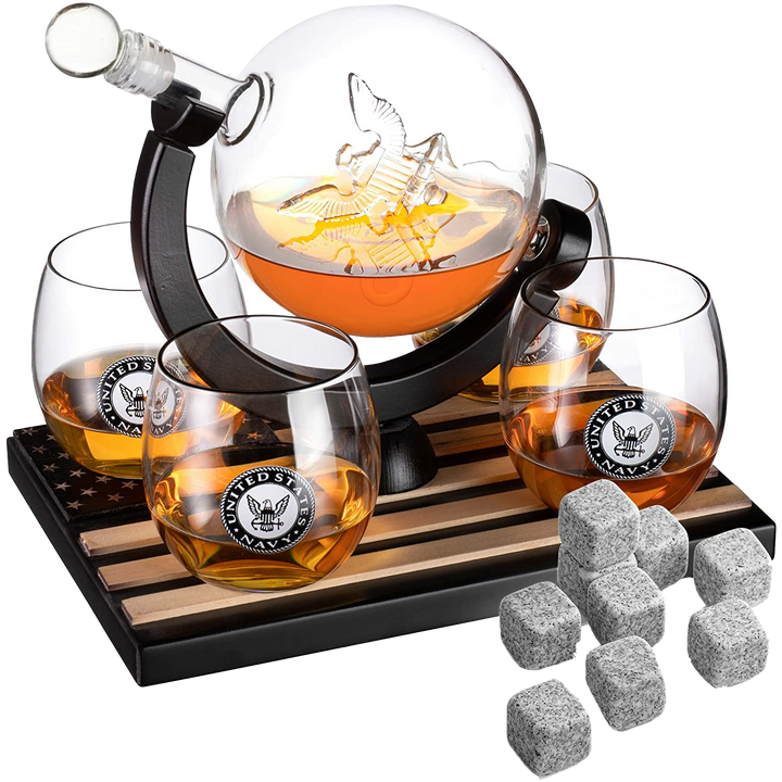 U.S. Navy Globe Whiskey Decanter Set with 4 Liquor Glasses