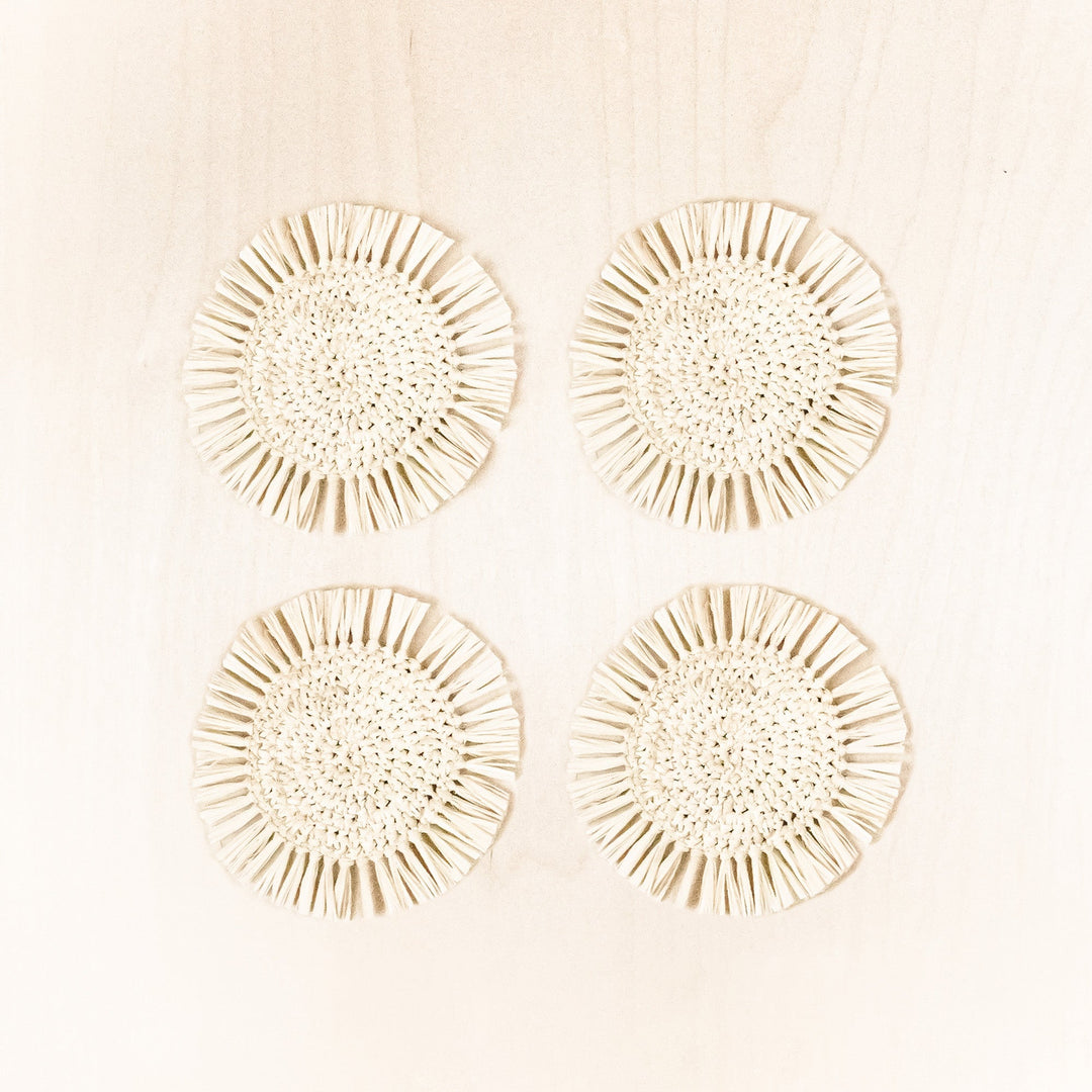 Natural Raffia Round Crochet Coasters with Fringe, set of 4 | LIKHÂ by LIKHÂ
