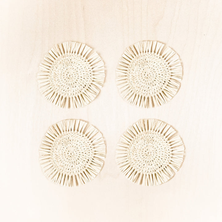 Natural Raffia Round Crochet Coasters with Fringe, set of 4 | LIKHÂ by LIKHÂ