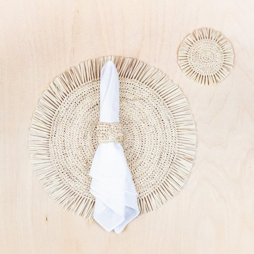 Natural Raffia Round Crochet Coasters with Fringe, set of 4 | LIKHÂ by LIKHÂ