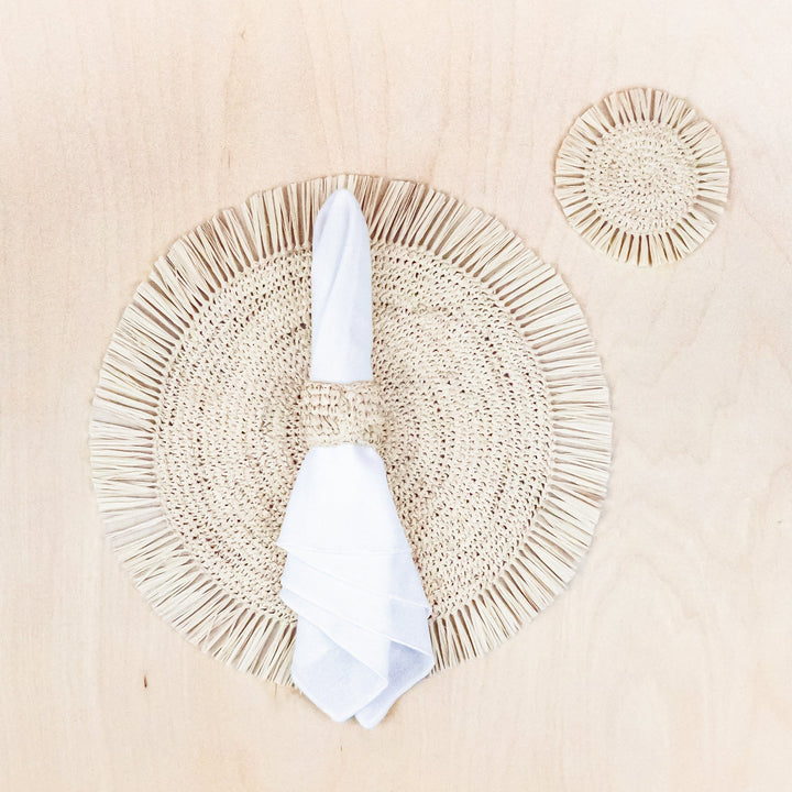 Natural Raffia Round Crochet Coasters with Fringe, set of 4 | LIKHÂ by LIKHÂ