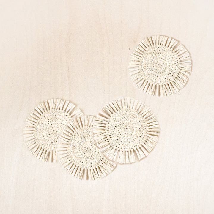 Natural Raffia Round Crochet Coasters with Fringe, set of 4 | LIKHÂ by LIKHÂ